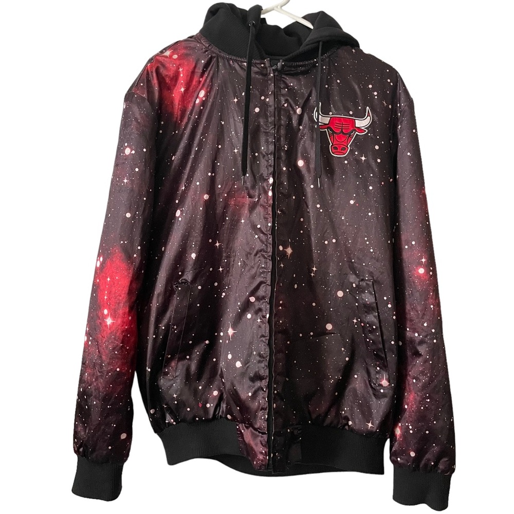 NBA Galaxy Stars Chicago Bulls Bomber Flight Hooded Zip Up Jacket Size L, EUC!